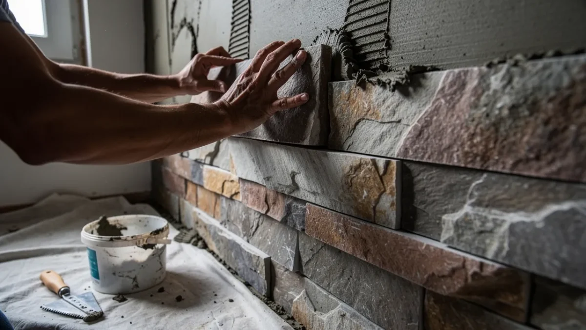 gros plan sur des mains appliquant une plaquette de pierre de parement Gros plan sur des mains appliquant une plaquette de pierre de parement au mortier-colle sur un mur.