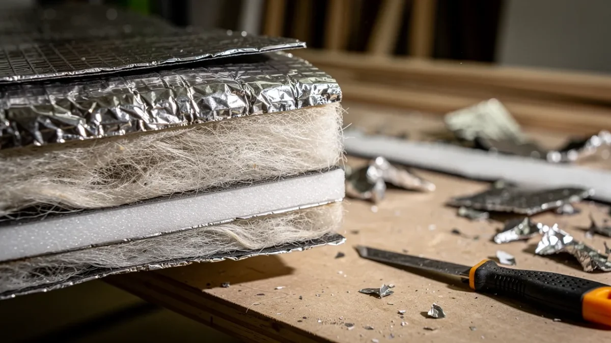 gros plan sur la tranche d un isolant mince multicouche laissant Gros plan sur la tranche d'un isolant mince multicouche laissant voir ses différentes couches réfléchissantes et isolantes.
