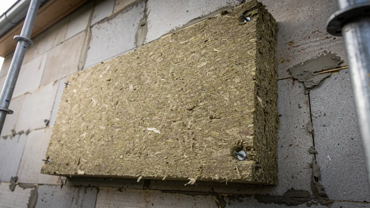 panneau de laine de roche fixe sur la facade exterieure d un mur en cours Panneau de laine de roche fixé sur la façade extérieure d'un mur, en cours d'isolation thermique par l'extérieur.