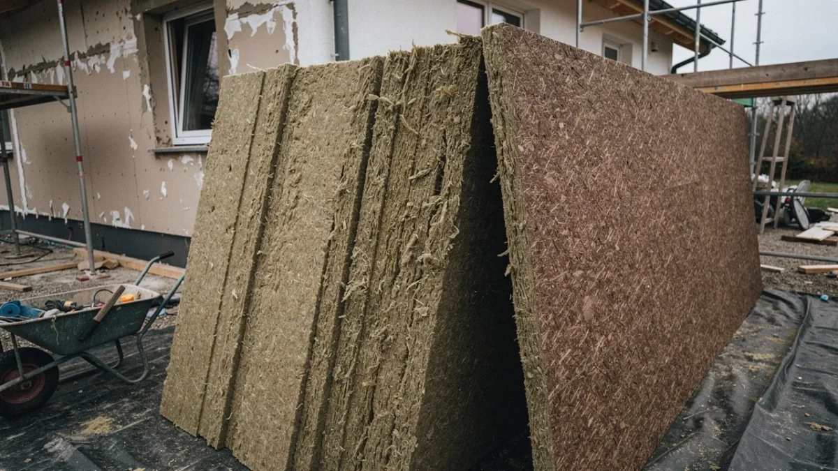 plusieurs panneaux isolants laine de roche et fibre de bois empiles Plusieurs panneaux isolants, laine de roche et fibre de bois, empilés sur un chantier de rénovation avant leur pose.