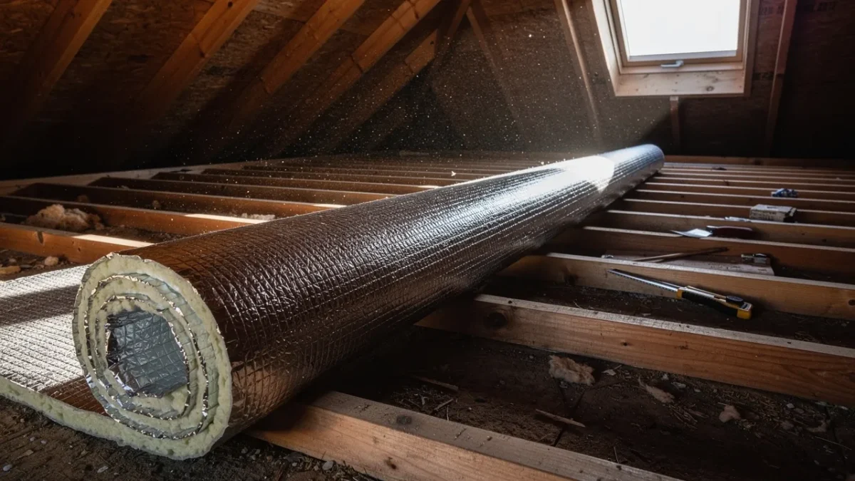rouleau d isolant mince reflechissant deroule sur le plancher de combles perdus Rouleau d'isolant mince réfléchissant déroulé sur le plancher de combles perdus lors de sa pose.