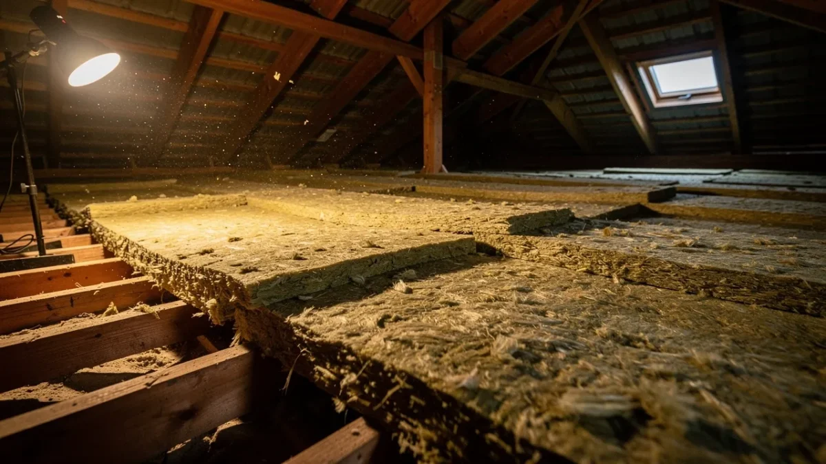 rouleaux de laine minerale isolante deroules dans des combles perdus Rouleaux de laine minérale isolante déroulés dans des combles perdus avant la pose.