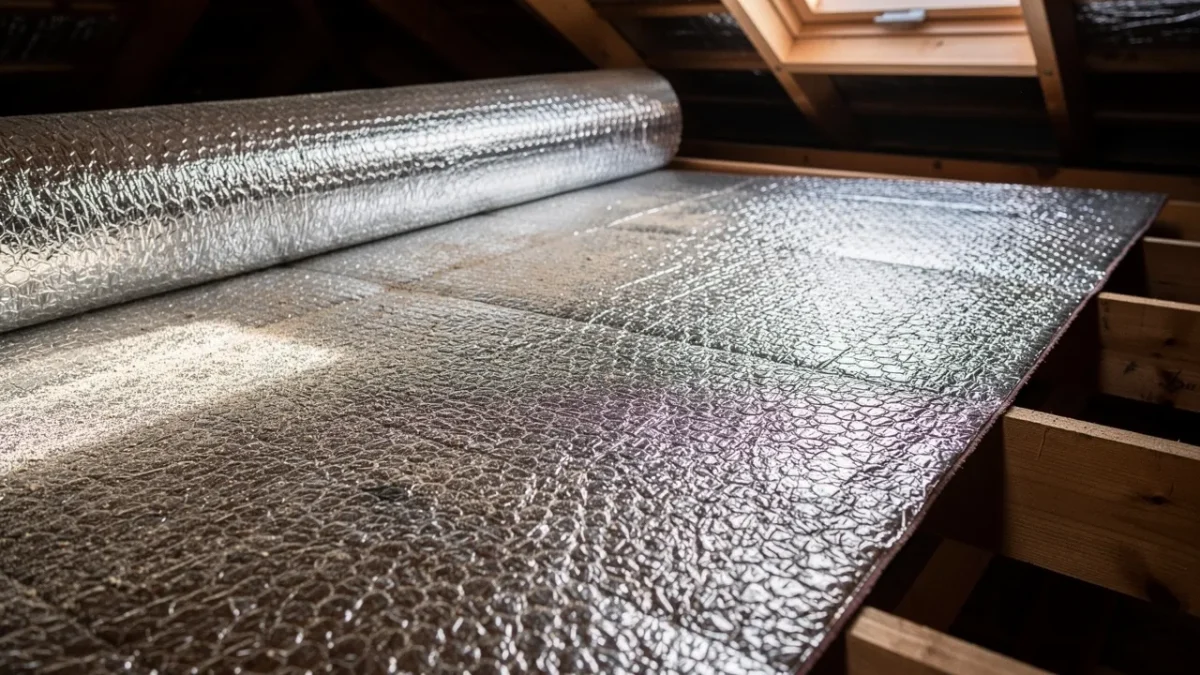surface aluminium d un isolant mince reflecteur ternie par une fine couche Surface aluminium d'un isolant mince réflecteur ternie par une fine couche de poussière accumulée.