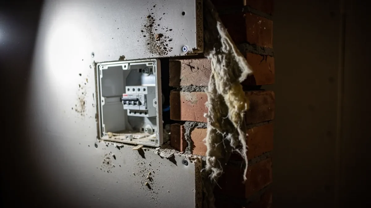 tableau electrique ouvert revelant un isolant en laine de verre troue Tableau électrique ouvert révélant un isolant en laine de verre troué contre un mur en brique.