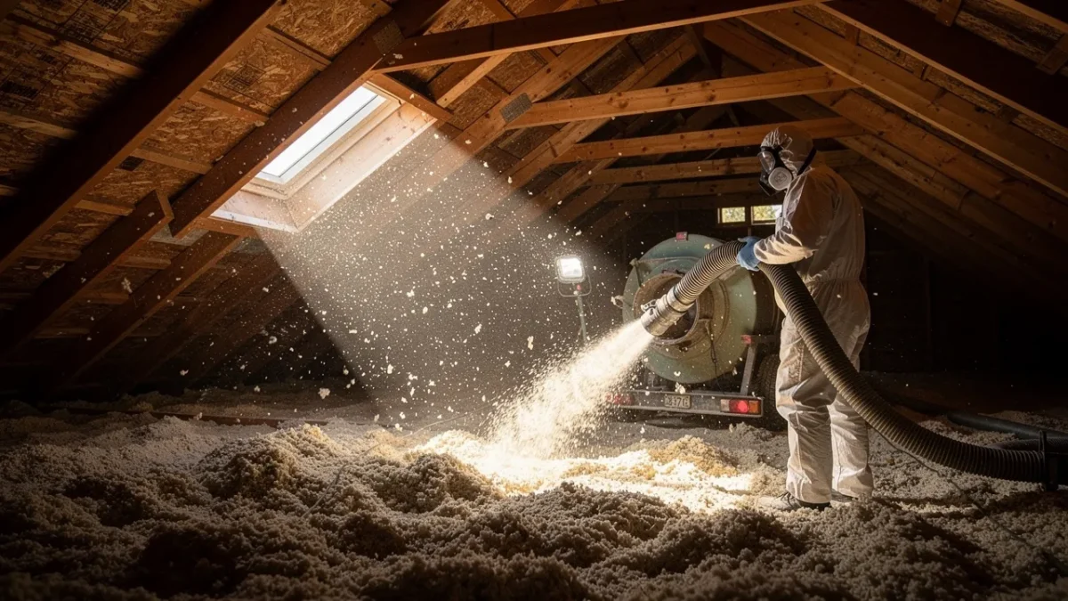 technicien equipe d un masque et d une combinaison qui projette l isolant Technicien équipé d'un masque et d'une combinaison qui projette l'isolant en vrac dans des combles à l'aide d'un tuyau relié à un camion souffleur.