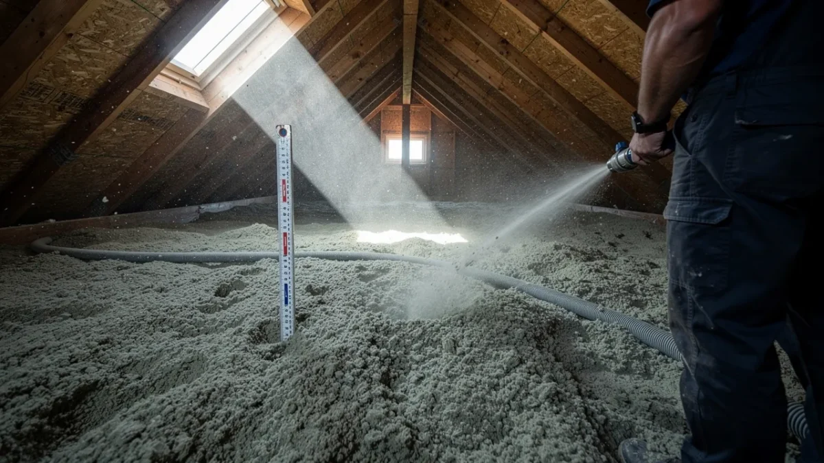 technicien soufflant de la laine de roche en vrac sur le plancher d un comble Technicien soufflant de la laine de roche en vrac sur le plancher d'un comble perdu, avec une pige de mesure plantée dans l'isolant.