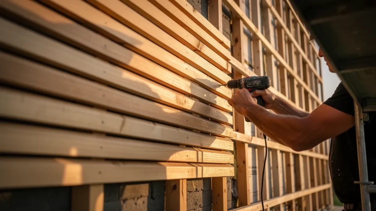 un artisan installe des lames de bardage bois sur l ossature fixee au mur Un artisan installe des lames de bardage bois sur l'ossature fixée au mur extérieur d'une maison en chantier d'isolation.