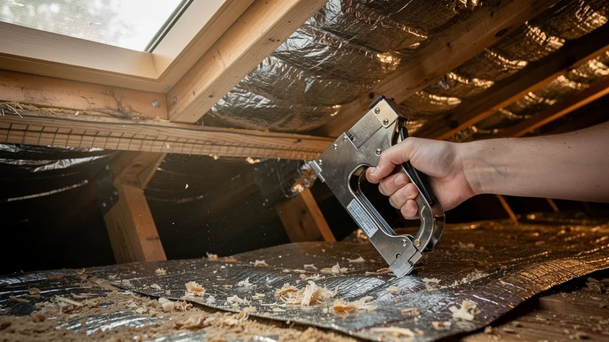 un installateur agrafe un isolant mince reflechissant sur des chevrons Un installateur agrafe un isolant mince réfléchissant sur des chevrons de toiture, la face aluminisée tournée vers l'intérieur de la pièce.