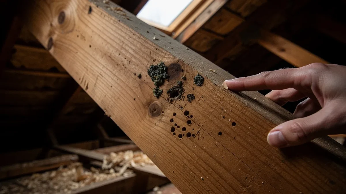 un professionnel inspecte un chevron en bois a la recherche de moisissures Un professionnel inspecte un chevron en bois à la recherche de moisissures ou de traces d'insectes xylophages avant travaux.