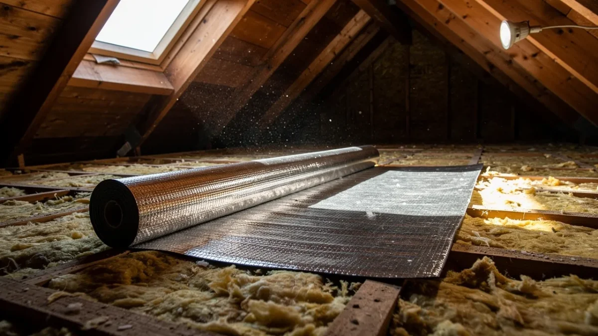 un rouleau d isolant mince multicouche deroule sur le plancher de combles Un rouleau d'isolant mince multicouche déroulé sur le plancher de combles perdus, superposé à une couche d'isolant existante.