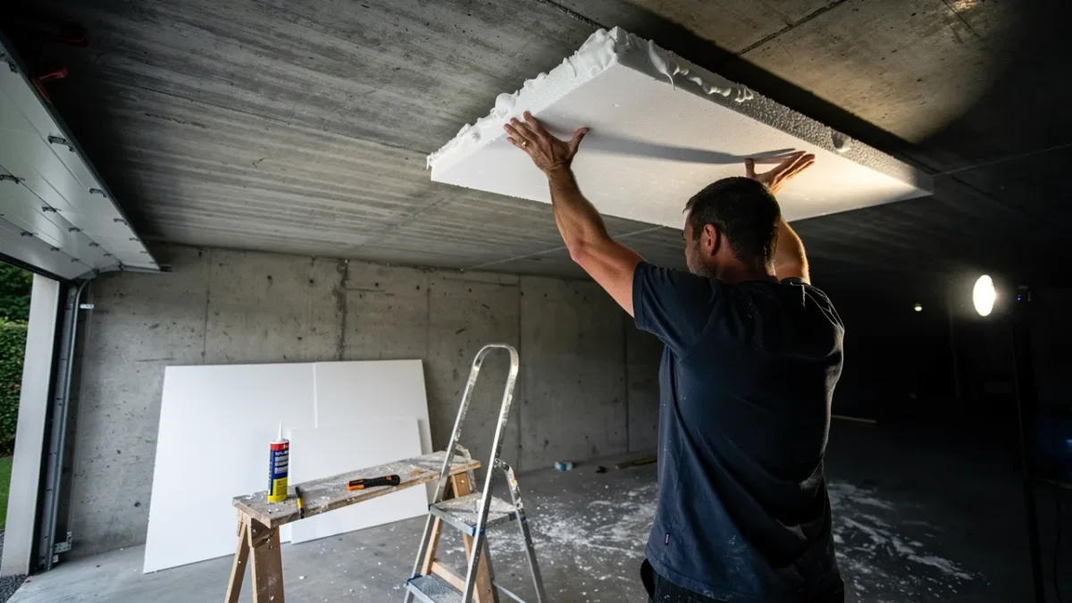 artisan appliquant un panneau isolant blanc sous le plafond en beton d un garage Artisan appliquant un panneau isolant blanc sous le plafond en béton d'un garage