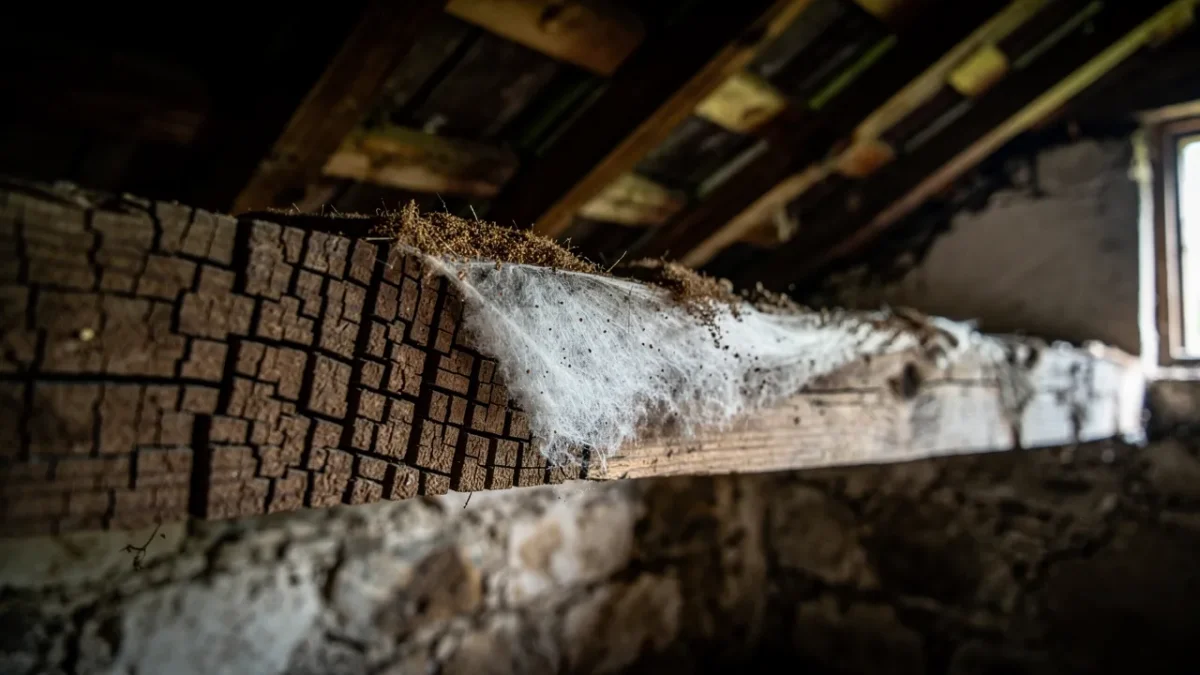 gros plan sur une poutre dont le bois fendu en petits cubes bruns est en partie Gros plan sur une poutre dont le bois, fendu en petits cubes bruns, est en partie recouvert d'un voile blanc cotonneux.