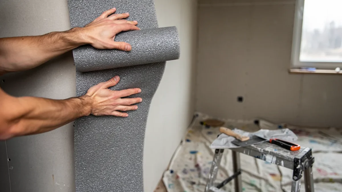 pose d un rouleau isolant fin en polystyrene graphite sur un mur interieur Pose d'un rouleau isolant fin en polystyrène graphité sur un mur intérieur, à la manière d'un papier peint