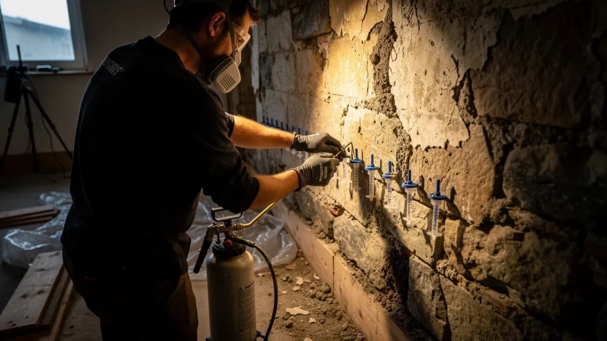 un technicien en gants et masque injecte un produit fongicide dans des trous Un technicien en gants et masque injecte un produit fongicide dans des trous forés dans la base d'un mur.